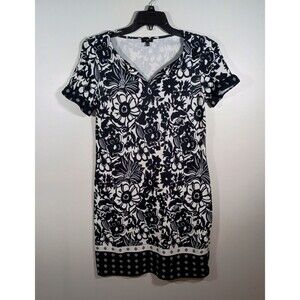 Talbots Black White Cotton Floral Border Print Shift Dress Size Medium Petite